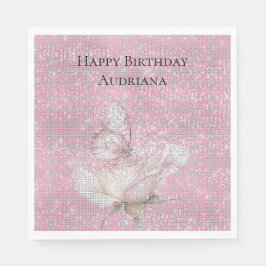 Servilleta De Papel Blush Pink Rose Butterfly Sparkle Birthday