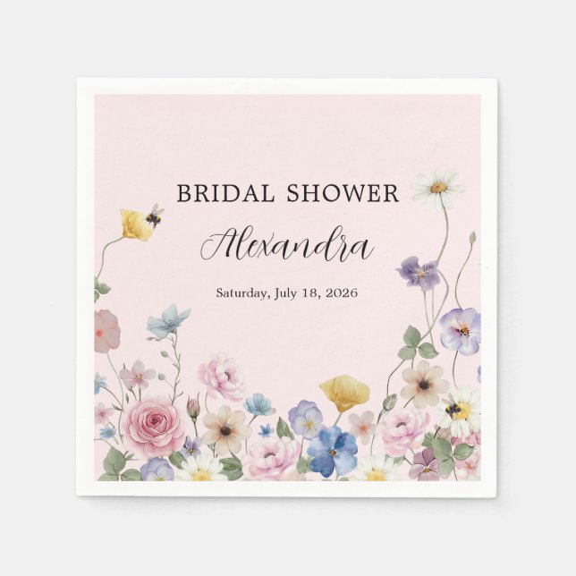 Servilleta De Papel Blush Pink Wildflowers Bridal Shower Invitation (Anverso)