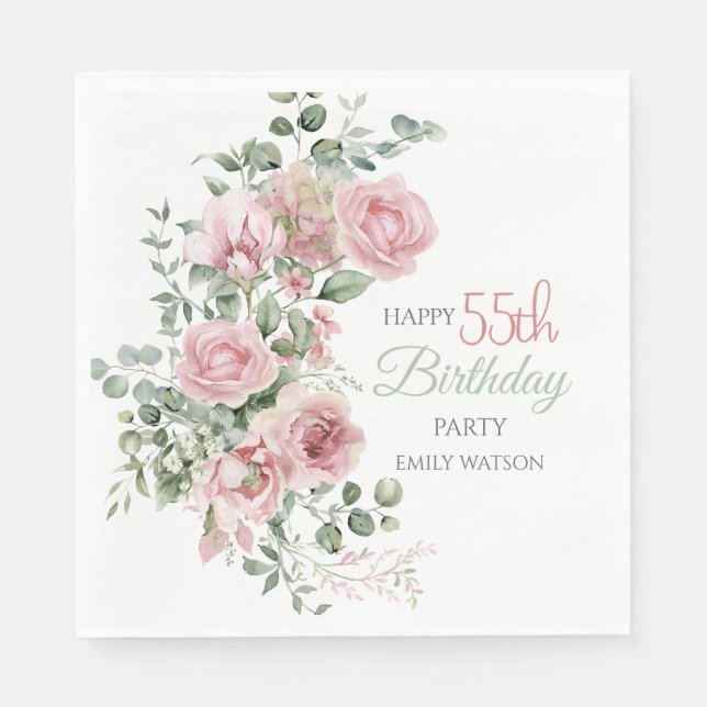 Servilleta De Papel Blush Rose Greenery Eucalypt 55th Birthday (Anverso)