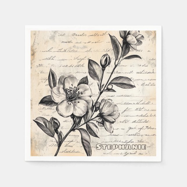 Servilleta De Papel Boceto Floral Marrón Boho Pergamino Antiguo (Anverso)
