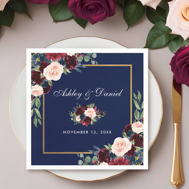Servilleta De Papel Boda acuarela Burgundy Blue Floral Gold (Customize to change text size, style, color or to add more text.)