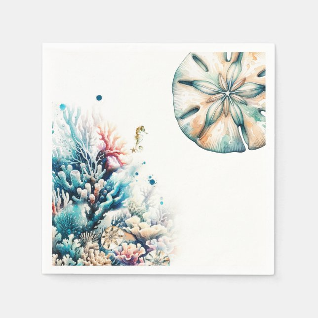 Servilleta De Papel Boda Acuarela de Coral de Salpicadura Oceánica (Anverso)