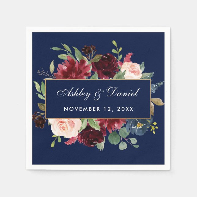 Servilleta De Papel Boda acuarela Floral Burgundy Blue Gold (Anverso)