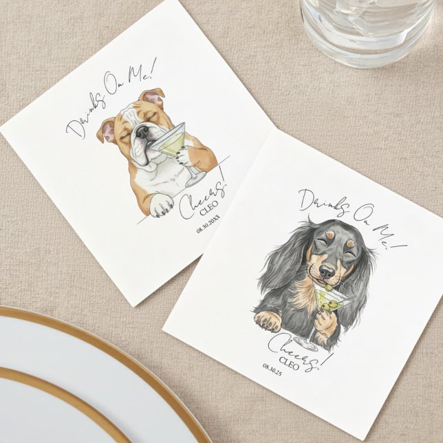 Servilleta De Papel Boda Acuarela Perro Bebe En Mi (Choose your dog's breed and personalize these Custom Watercolor Wedding Dog Drinks On Me Napkins!)