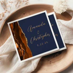 Servilleta De Papel Boda Agate Naranja Quemada Oro Azul Marino Escritu