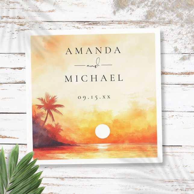 Servilleta De Papel Boda al Atardecer Tropical con Acuarela Moderna (Modern Watercolor Tropical Beach Sunset Wedding Napkins)