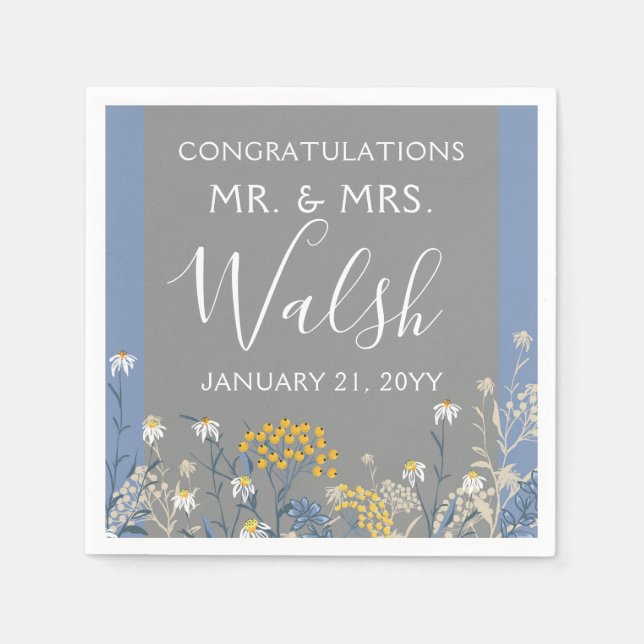 Servilleta De Papel Boda amarillo anaranjado y azul marino (Anverso)