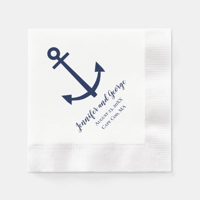 Servilleta De Papel Boda Ancla Náutica Azul Marino  (Anverso)