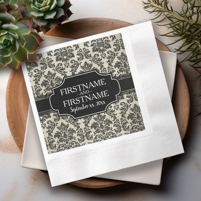 Servilleta De Papel Boda Aniversario de Encaje Negro Gótico y Pergamin (Black Lace Personalized Wedding Napkins)