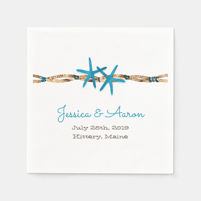 Servilleta De Papel Boda Aqua Starfish y Nautical Rope (Anverso)