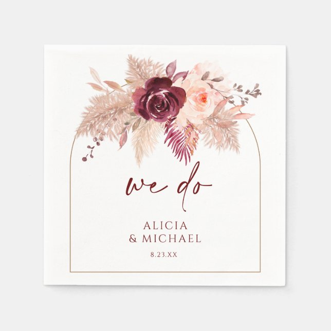 Servilleta De Papel Boda Arco de hierba de Pampas y Borgoña Boho (Anverso)