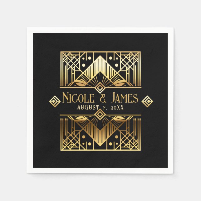 Servilleta De Papel Boda Art Déco de Negro y Dorado (Anverso)