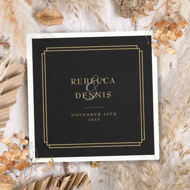 Servilleta De Papel Boda Art Déco Negro y Dorado (Black And Gold Art Deco Wedding Napkins)