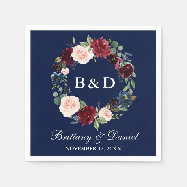 Servilleta De Papel Boda azul borgoña floral acuarela (Anverso)