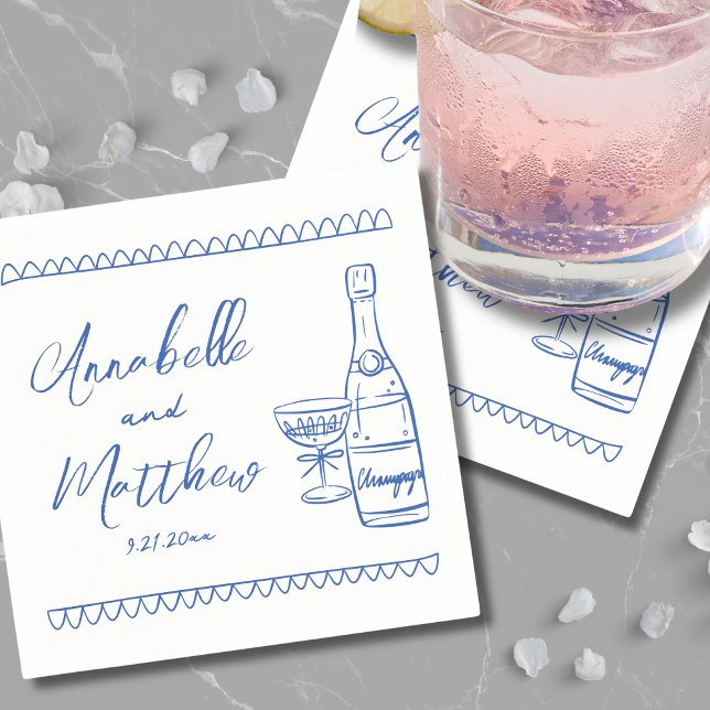 Servilleta De Papel Boda Azul Caprichosa Dibujada a Mano (Hand Drawn Whimsical Blue Wedding Napkins)