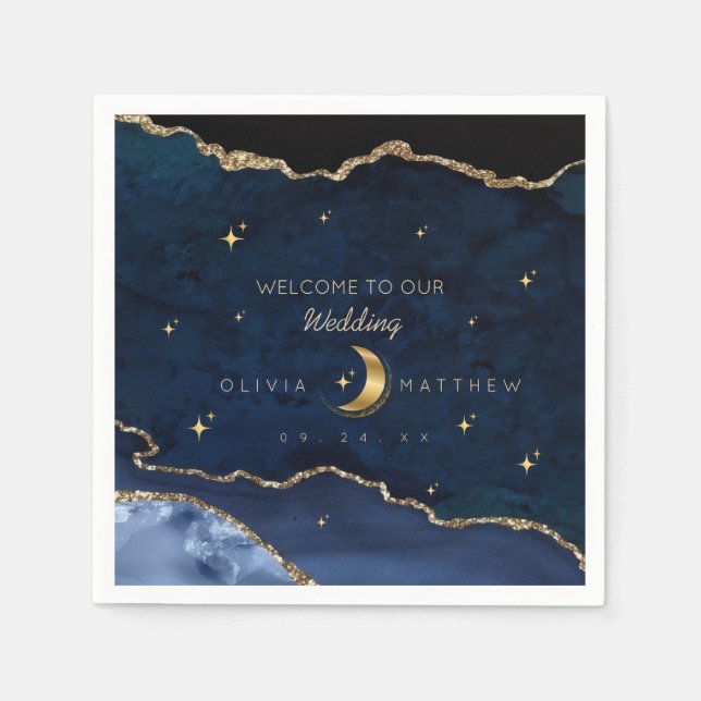 Servilleta De Papel Boda Azul Celeste Estrellas Luna Medianoche  (Anverso)