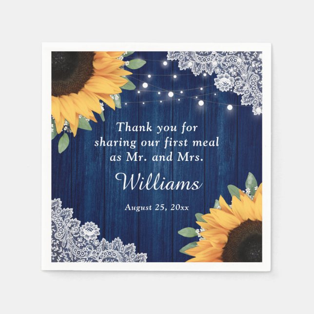 Servilleta De Papel Boda azul de la Marina de Girasol Rustic Wood Lace (Anverso)