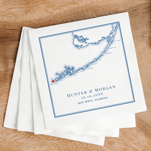 Servilleta De Papel Boda azul de la Marina Elegante del Mapa FL Occide (Key West FL Map Wedding Napkins for an elegant navy blue destination wedding by Coastal Map Designs)