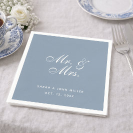 Servilleta De Papel Boda Azul Polvoriento Caligrafía Sr. y Sra. Blanco
