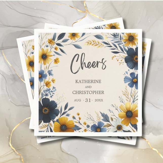 Servilleta De Papel Boda beige elegante con flores silvestres de agua (Cheers Wildflowers Wedding Napkin with Blue and Yellow Wildflowers, Wedding Details.)
