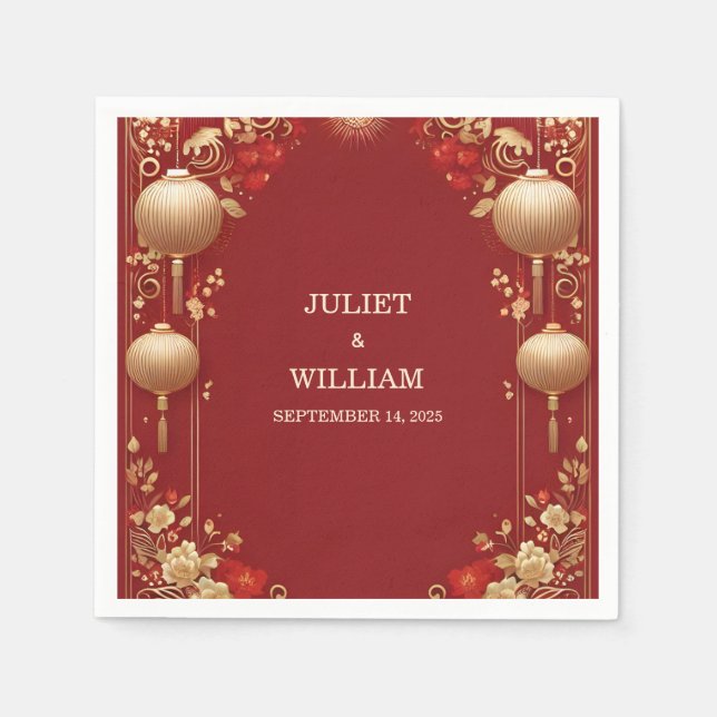 Servilleta De Papel Boda bilingüe chino floral asiático-moderno (Anverso)