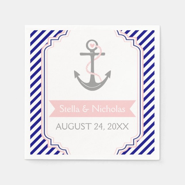 Servilleta De Papel Boda blanco azul marino de ancla gris náutica (Anverso)