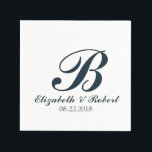 Servilleta De Papel Boda blanco azul marino Monograma Napkins<br><div class="desc">Toallas personalizadas de papel monograma para bodas y eventos relacionados. Personalice este elegante accesorio de boda con los nombres de la novia y del novio,  la fecha del boda,  la inicial o cualquier cosa que desee. Sencillo y elegante guión azul de la Marina en fondo blanco.</div>
