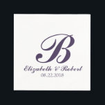 Servilleta De Papel Boda blanco morado Monograma Napkins<br><div class="desc">Toallas personalizadas de papel monograma para bodas y eventos relacionados. Personalice este elegante accesorio de boda con los nombres de la novia y del novio,  la fecha del boda,  la inicial o cualquier cosa que desee. Sencillo y elegante guión púrpura sobre fondo blanco.</div>