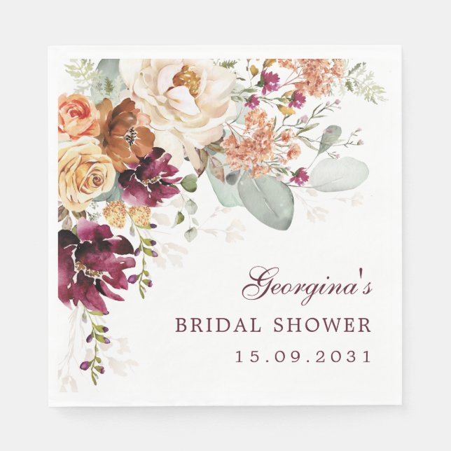 Servilleta De Papel Boda Bohemio Terracota Granate Floral (Anverso)