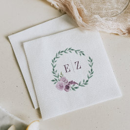 Servilleta De Papel Boda Boho de flores púrpuras con follaje Monograma