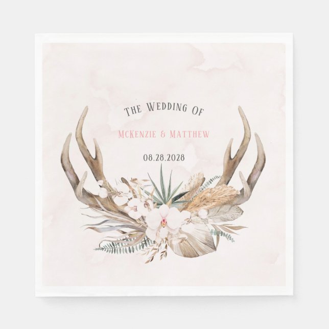 Servilleta De Papel Boda Boho Deer Antlers y Florals (Anverso)