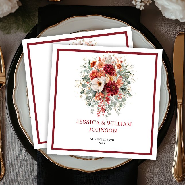 Servilleta De Papel Boda Boho Floral de Otoño de Borgoña con Eucalipto (Burgundy Fall Floral Boho Eucalyptus Wedding Napkins

)