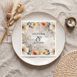 Servilleta De Papel Boda Boho Floral Melocotón Acuarela Gris Humeante