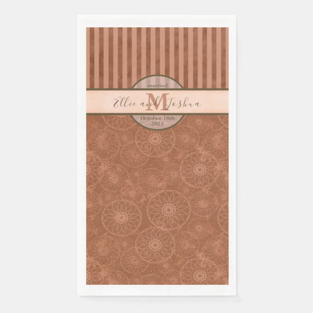 Servilleta De Papel Boda Boho Naranja y banda geométrica marrón (Anverso)