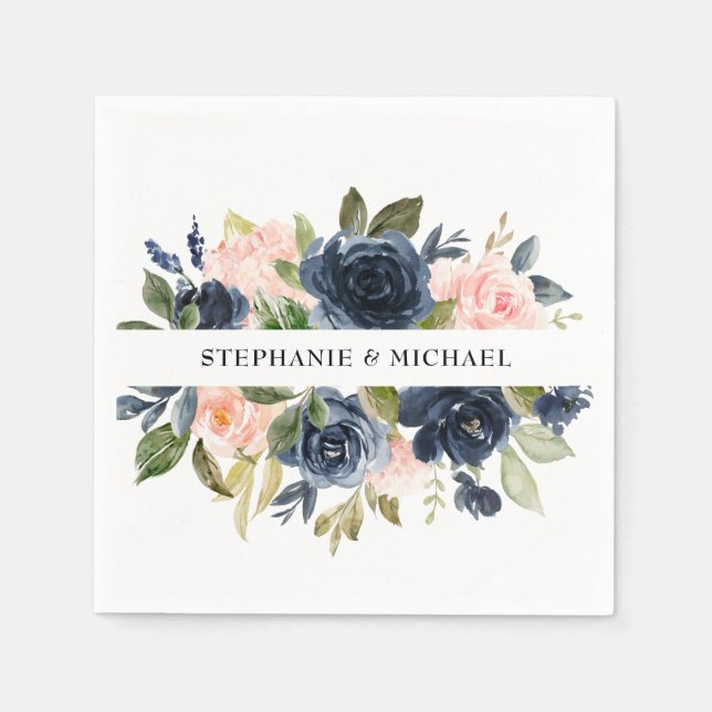 Servilleta De Papel Boda Boho Rosa Rosa Azul Marino (Anverso)