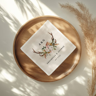 Servilleta De Papel Boda Boho Rústica Antler Floral Monograma de Boda