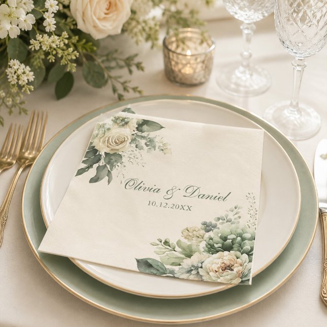 Servilleta De Papel Boda Boho Verde Salvia y Flores de Marfil (Boho Sage Green and Ivory Flowers Wedding Napkins on an elegant wedding dinner table with flowrs)