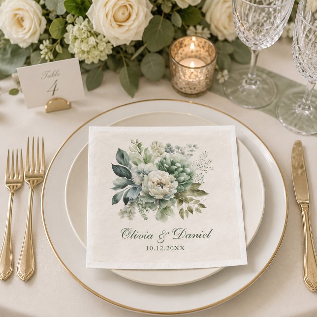 Servilleta De Papel Boda Boho Verde Salvia y Flores de Marfil (Boho Sage Green and Ivory Flowers Wedding Napkin on a wedding dinner table with flowers and candle)