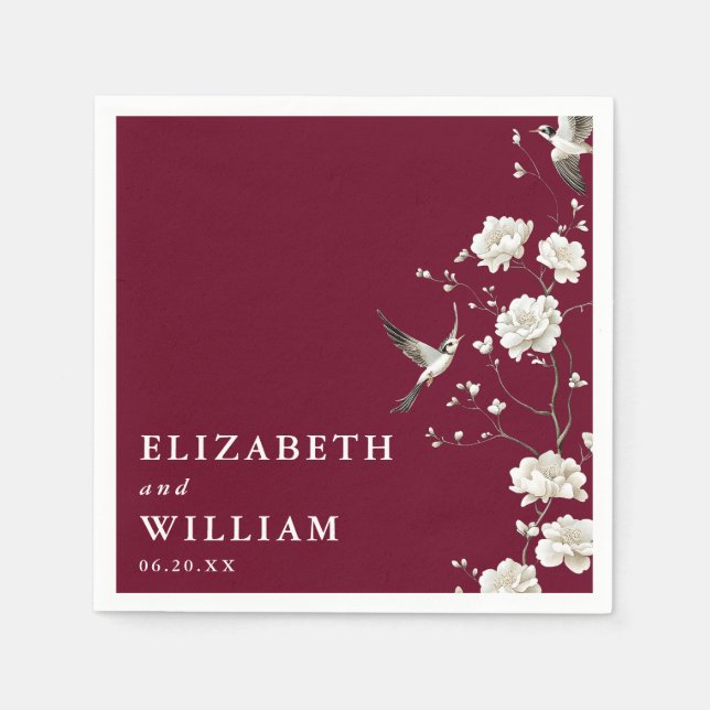 Servilleta De Papel Boda Botánica Floral de Chinoiserie Borgoña (Anverso)