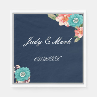 Servilleta De Papel Boda Botánica Floral Romántica Azul y Rosa