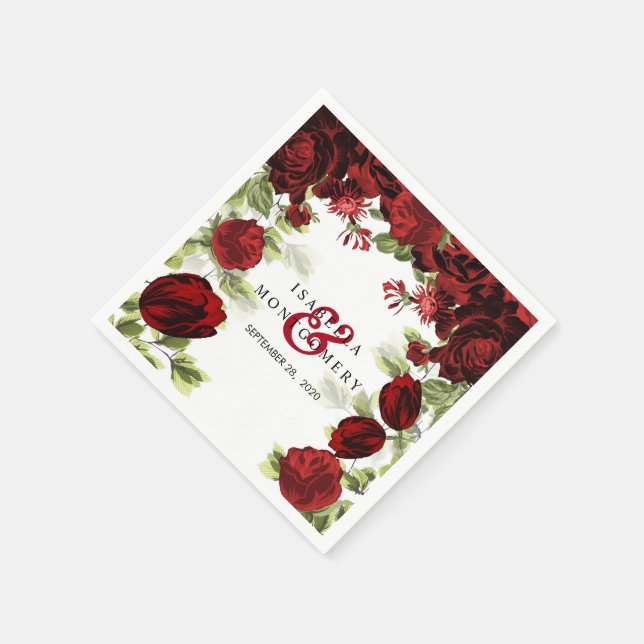Servilleta De Papel Boda Botánico de Flora Roja Oscura (Borde)