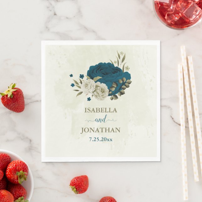 Servilleta De Papel boda botánico floral beige azul verde azulado (In situ)