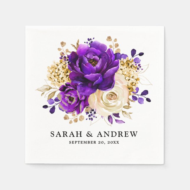 Servilleta De Papel Boda Botánico Royal Purple Violet Gold Floral (Anverso)