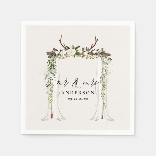 Servilleta De Papel Boda botánico rústico canopy script mr y mrs (Anverso)