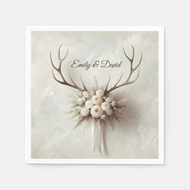 Servilleta De Papel Boda Bouquet y Deer Antlers (Anverso)