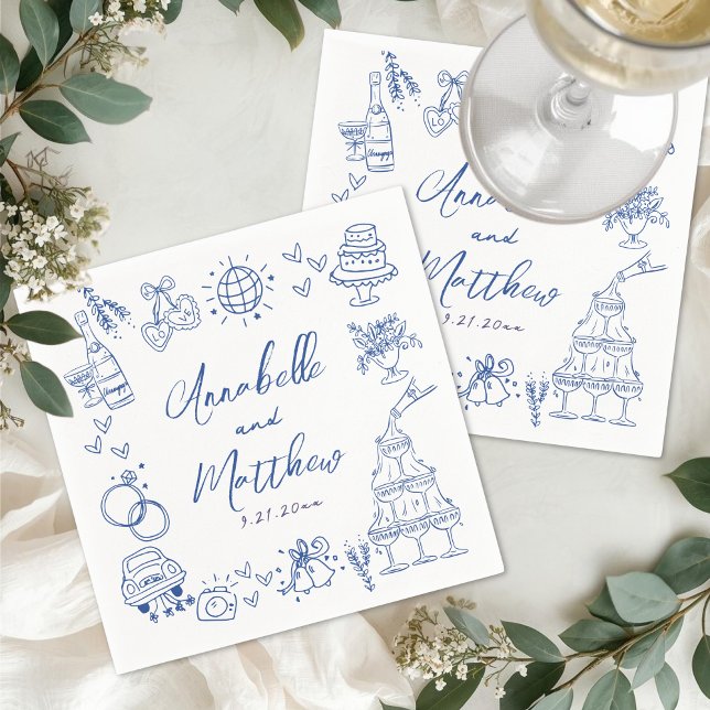 Servilleta De Papel Boda Caprichosa Azul Dibujada a Mano (Hand Drawn Blue Whimsical Wedding Napkins)