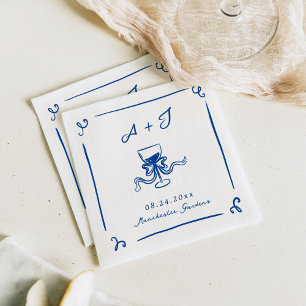 Servilleta De Papel Boda caprichosa con lazo azul marino dibujado a ma