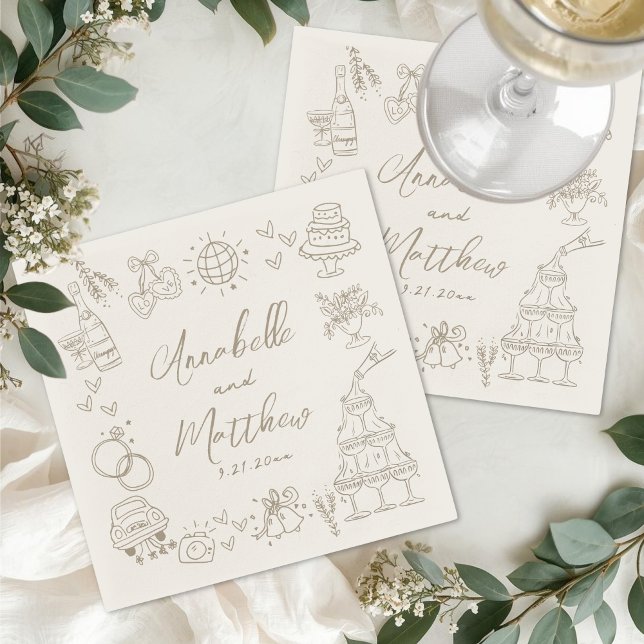 Servilleta De Papel Boda Caprichosa Dibujada a Mano (Hand Drawn Whimsical Wedding Napkins )