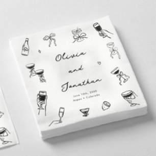 Servilleta De Papel Boda Caprichosa Dibujada a Mano en Blanco y Negro
