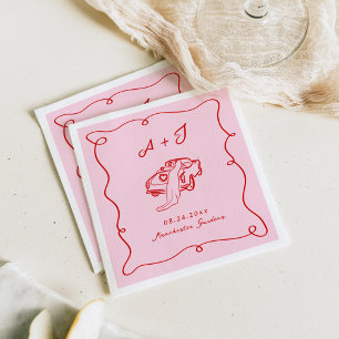 Servilleta De Papel Boda caprichosa dibujada a mano rosa y roja